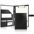 Black faux leather portfolio binder with built-in clipboard and document holder, extra-large