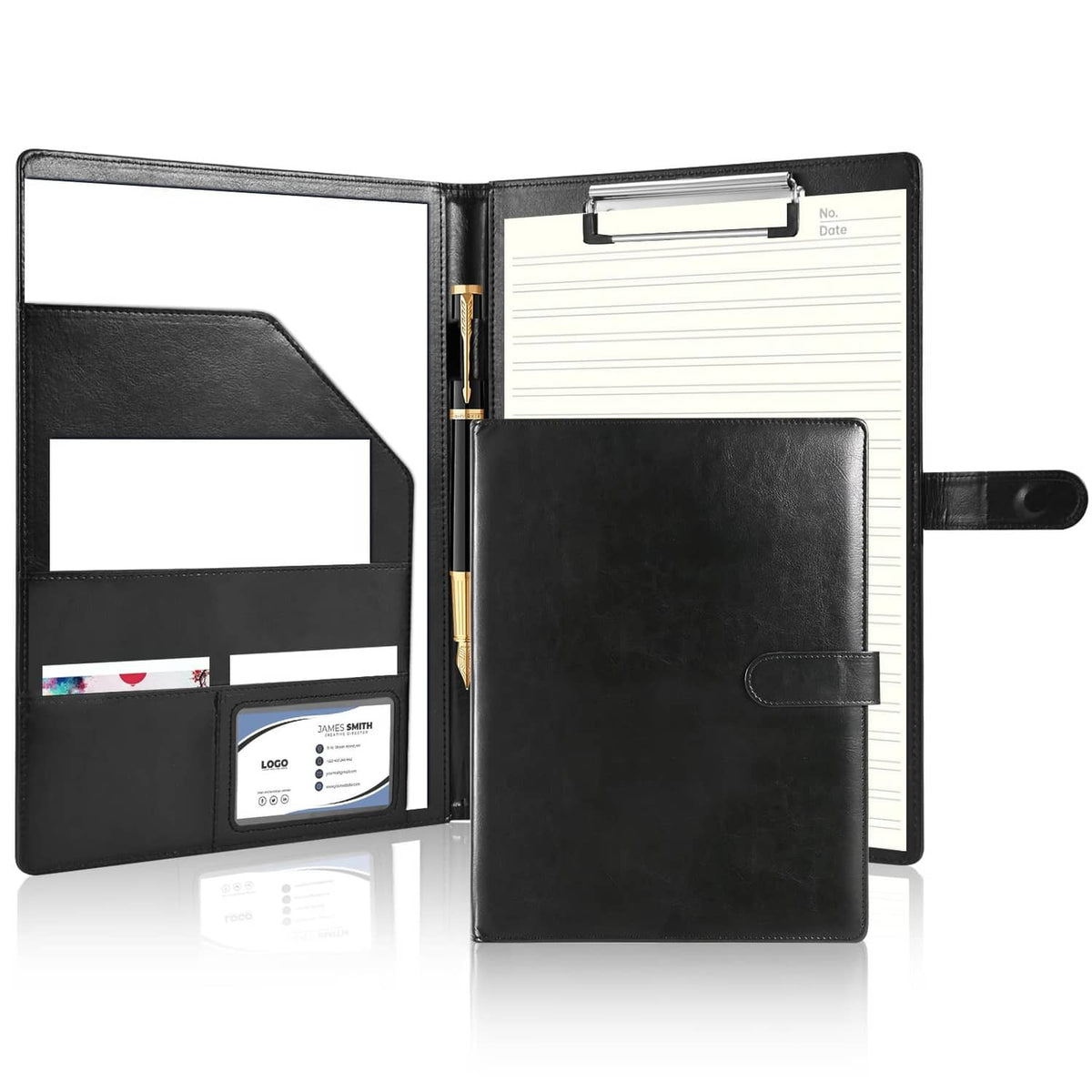 Black faux leather portfolio binder with built-in clipboard and document holder, extra-large