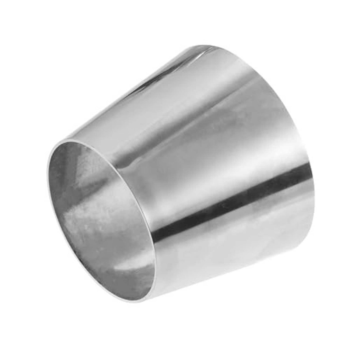 Polished stainless steel exhaust pipe sleeve, angled view of round open end