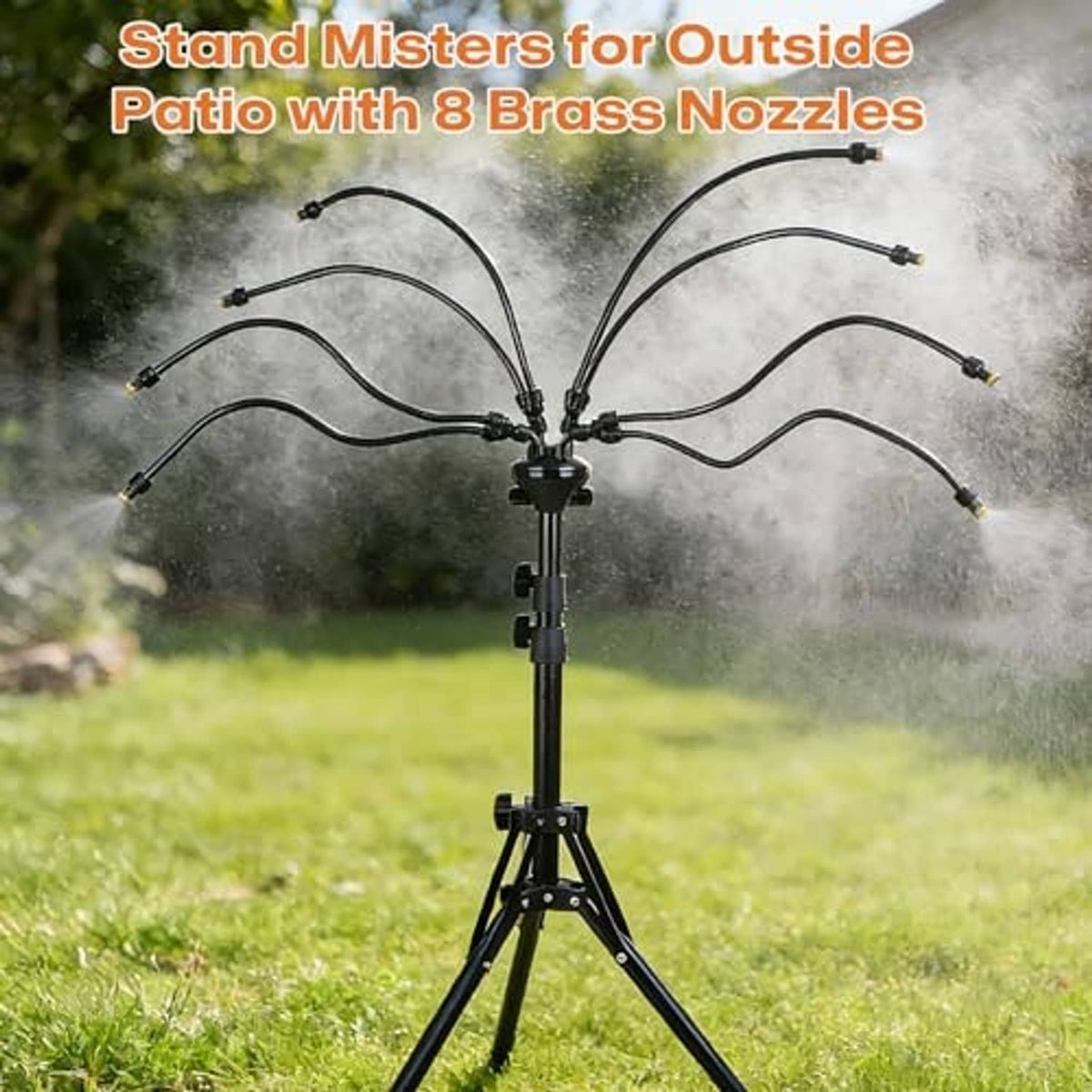 Garden misting stand with spray nozzles and curved tubes releasing fine mist