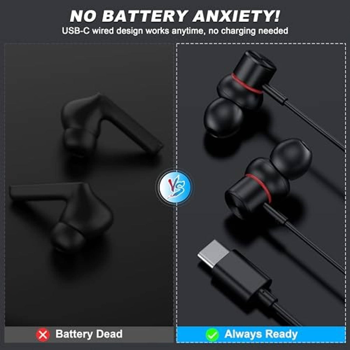 Black wired earbuds with USB-C plug and red-accent ear tips, no charging required
