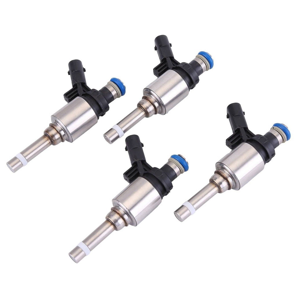 Set of four fuel injectors with black plugs and blue seals, angled product view