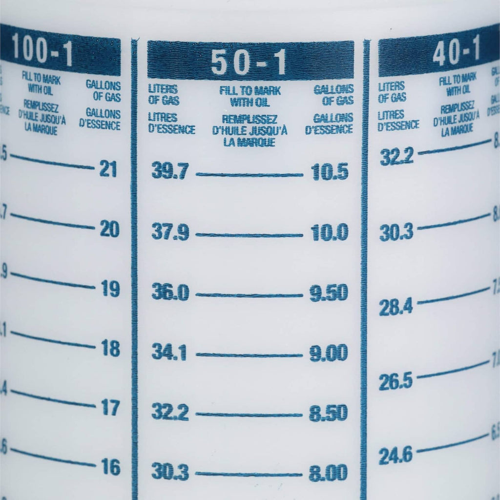 Close-up of blue gallons and liters scale columns on white bottle