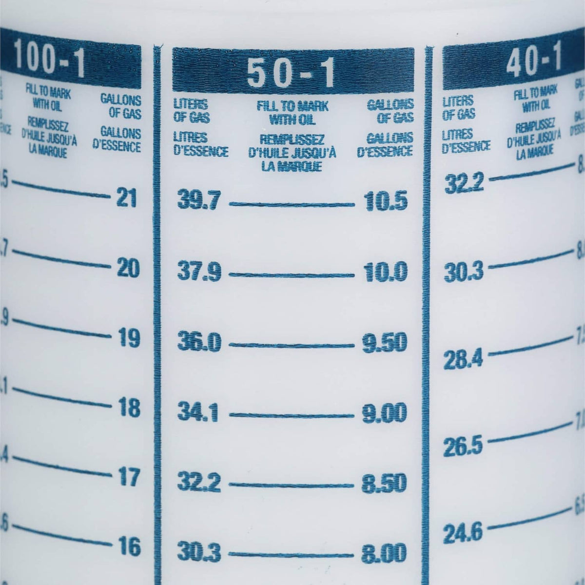 Close-up of blue gallons and liters scale columns on white bottle
