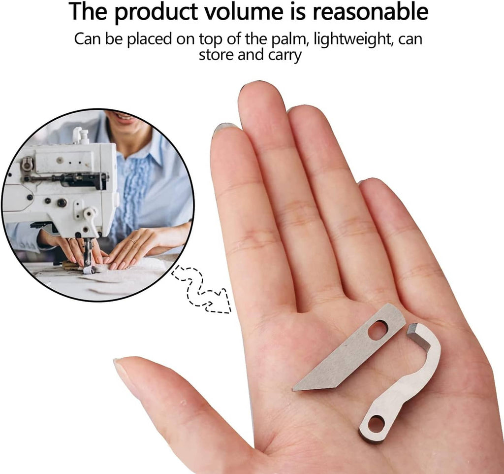 Two stainless steel serger knife blades with oval mounting holes held in a hand
