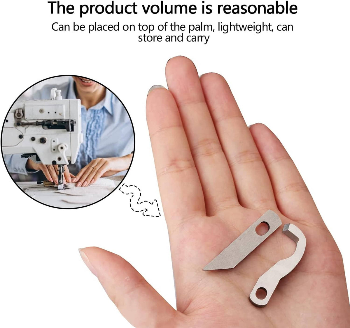 Two stainless steel serger knife blades with oval mounting holes held in a hand