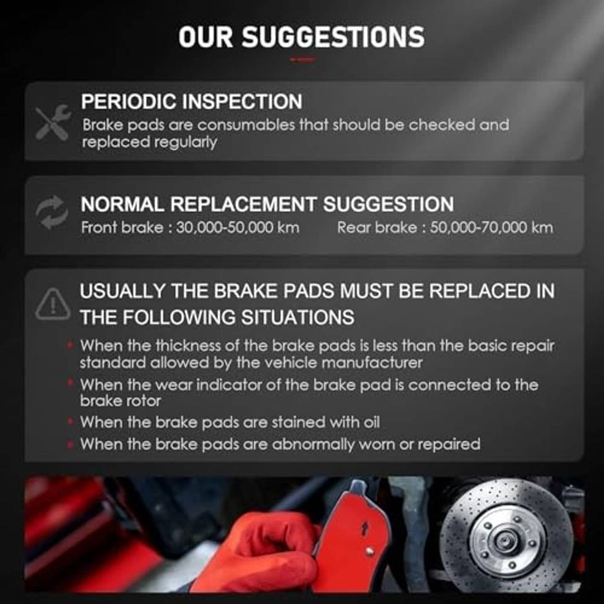 Brake pad replacement guidance graphic with brake pad and rotor image