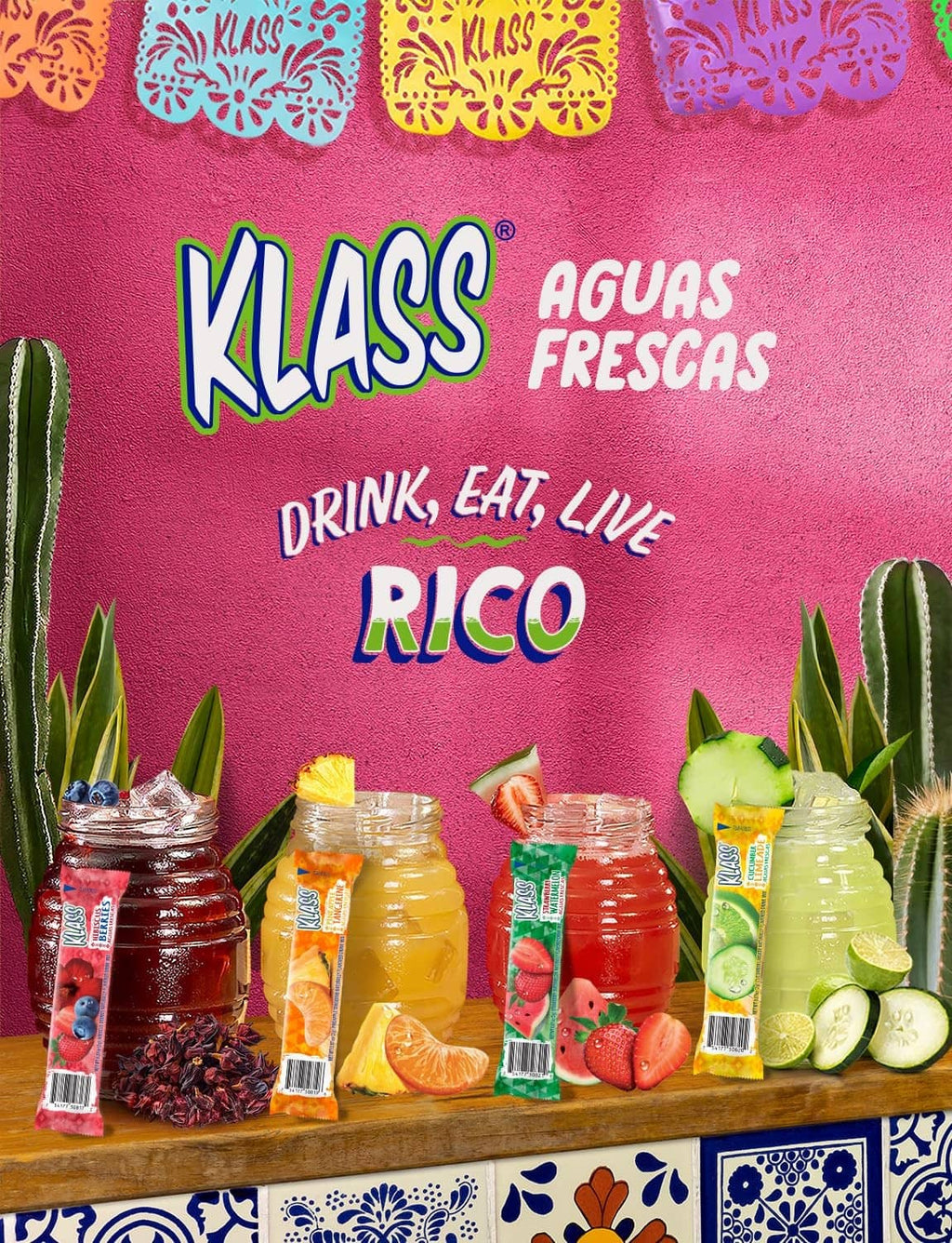 Klass aguas frescas drink mix assortment with colorful stick packs and drink jars