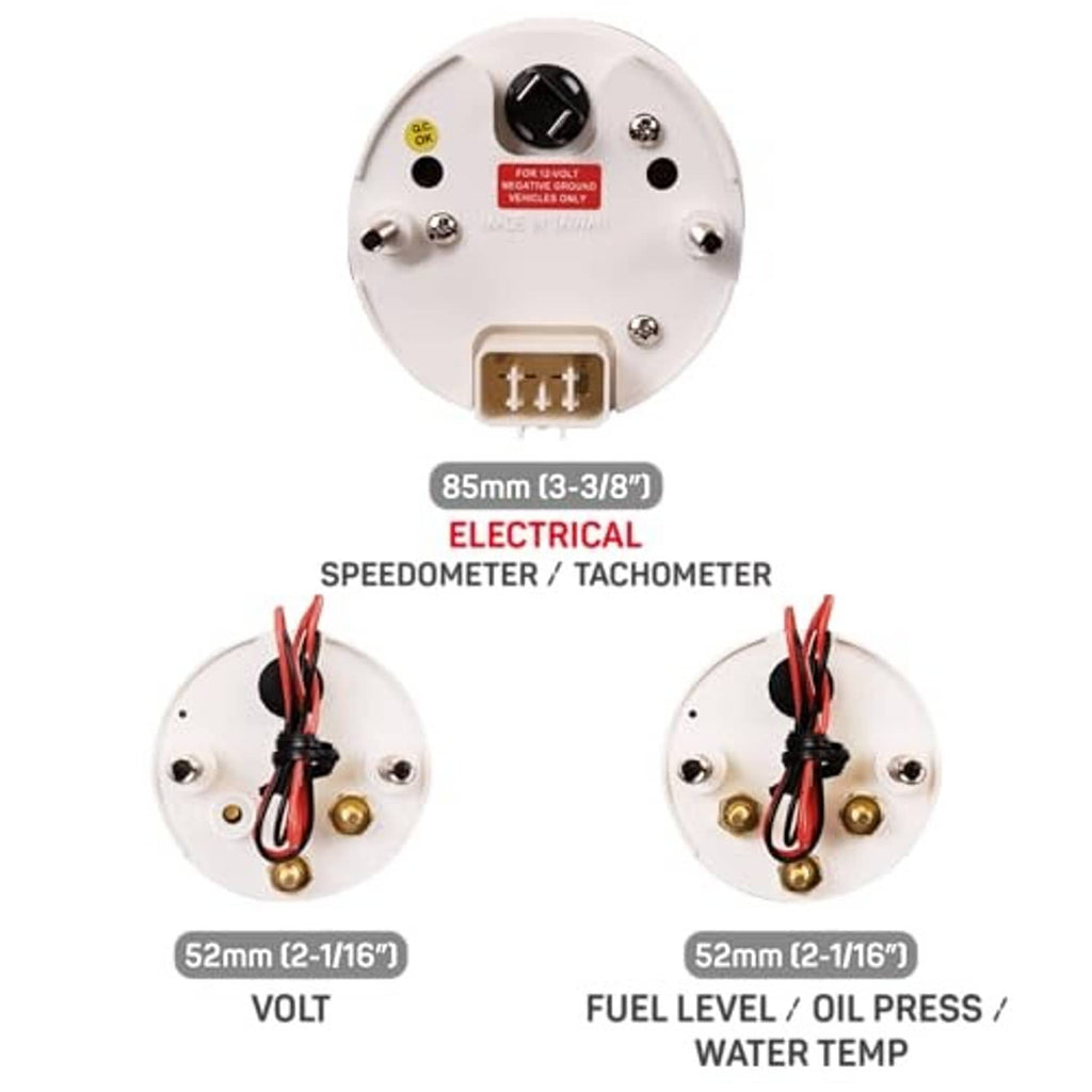 White gauge rear plate with terminals and wiring, 85mm electrical speedometer