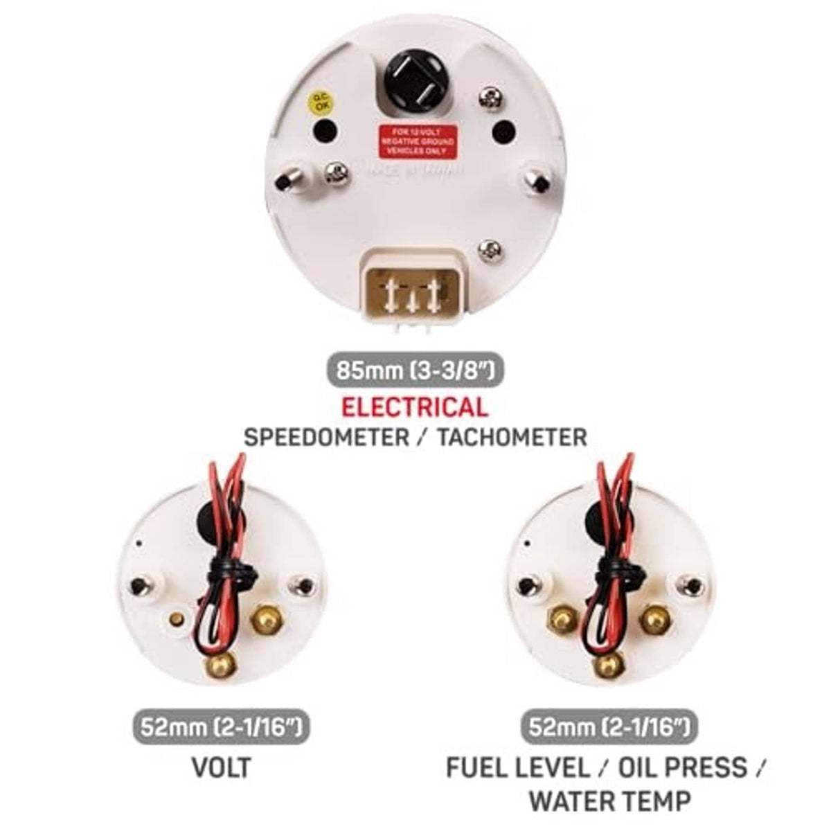 White gauge rear plate with terminals and wiring, 85mm electrical speedometer