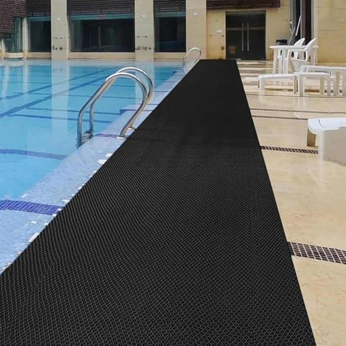 Pool deck floor mat runner with textured anti-slip diamond grid surface, wide full-length strip