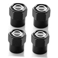 Black metal Nissan tire valve stem cap set with chrome-look top and Nissan logo
