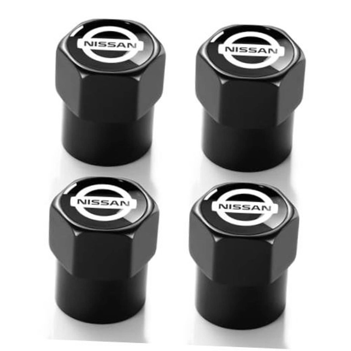 Black metal Nissan tire valve stem cap set with chrome-look top and Nissan logo