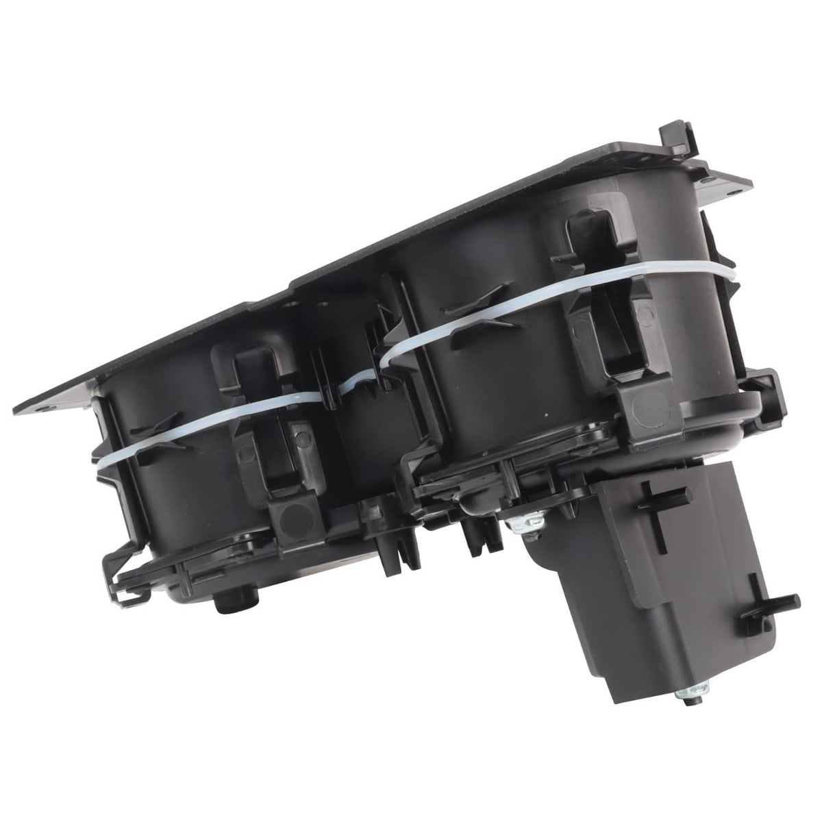 Black underside of dual cup holder assembly with molded structure and clips
