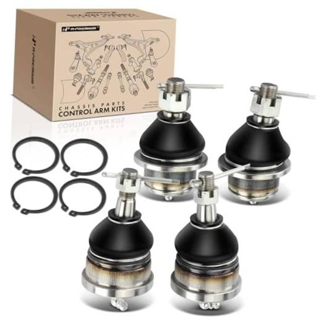 Ball joint kit with four assemblies, black rubber boots, and chrome metal housings