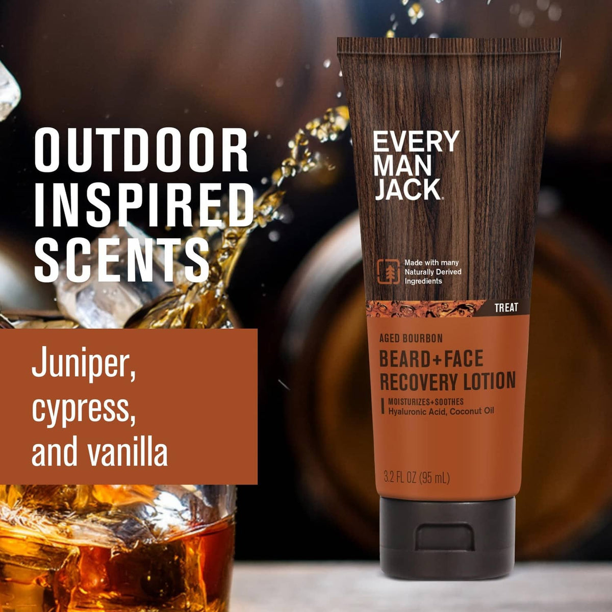 Beard-and-face recovery lotion tube, amber body with black cap