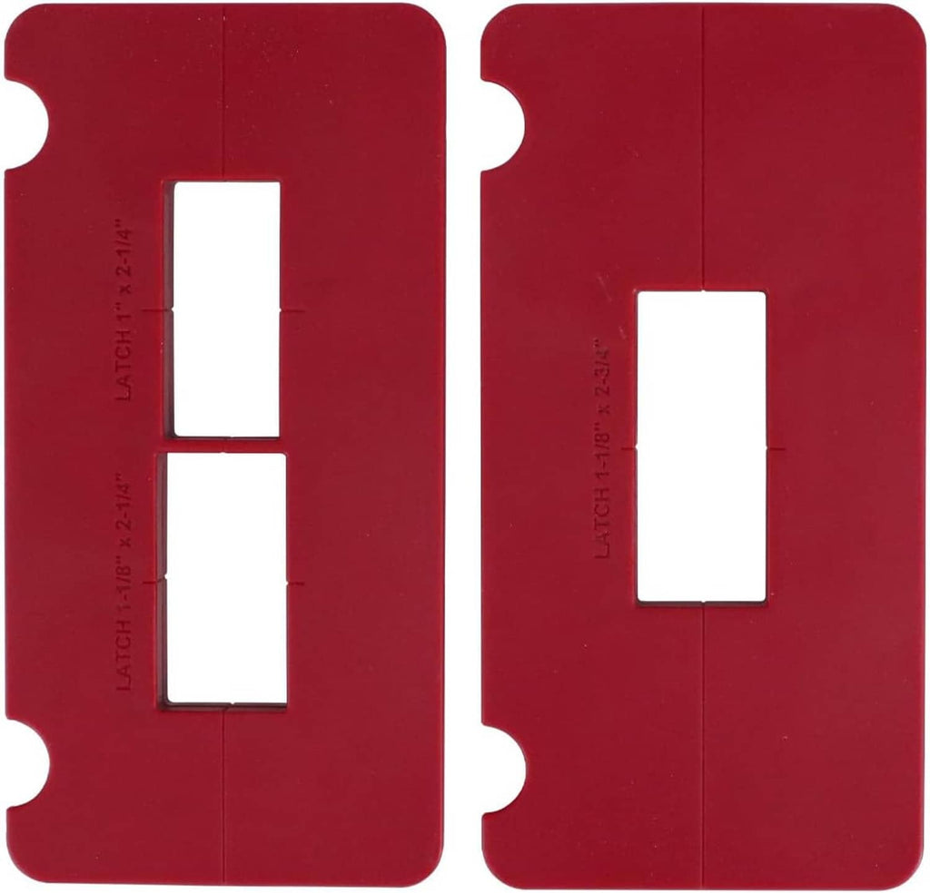 Pair of red hinge templates with rectangular openings and metal alignment notches