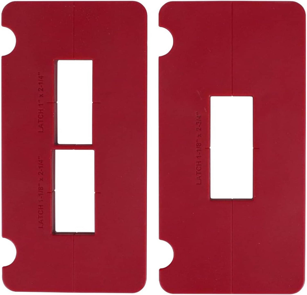 Pair of red hinge templates with rectangular openings and metal alignment notches