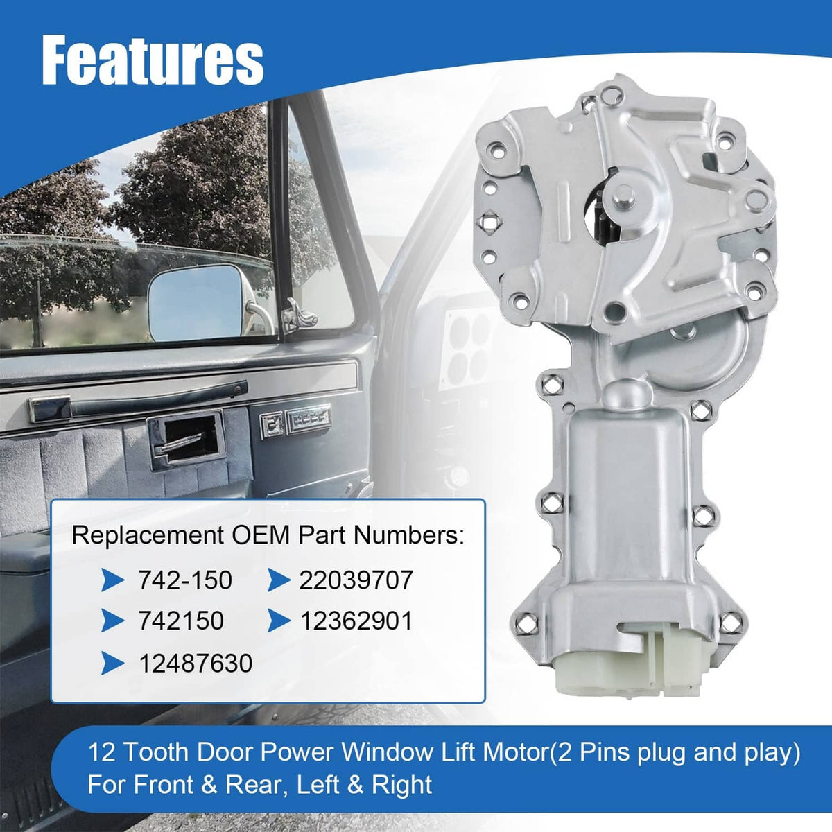 Door power window lift motor with mounting bracket and black gear, light gray metal body