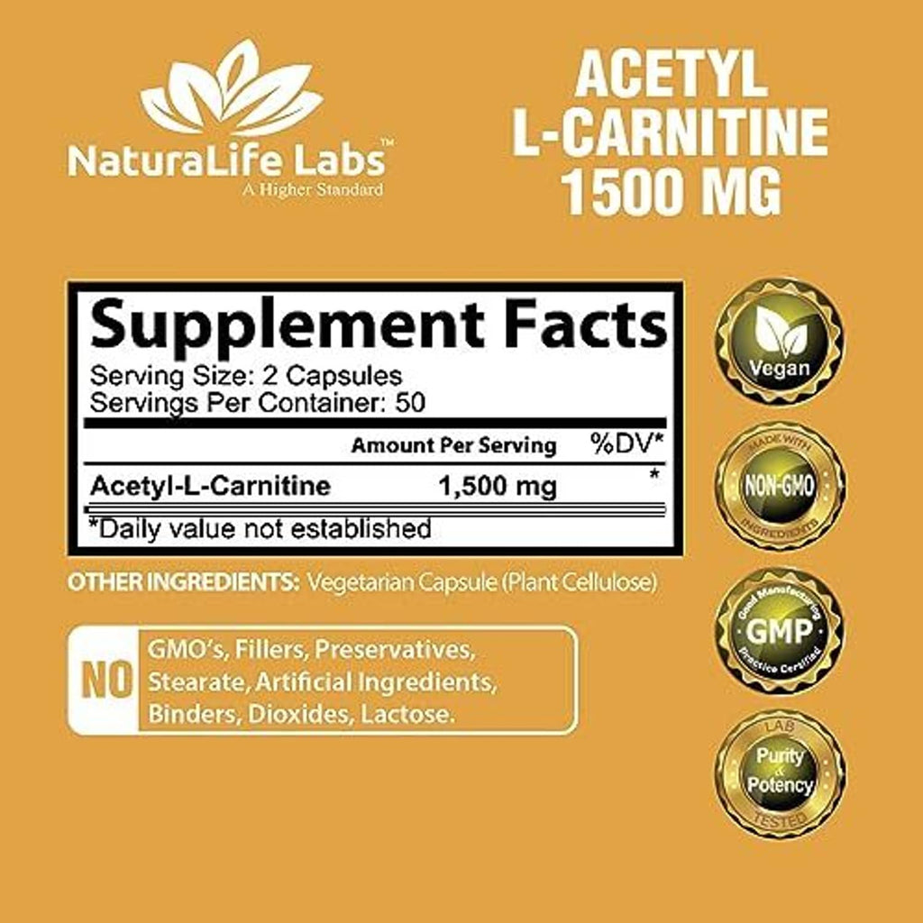 Supplement Facts panel with vegan and non-GMO badges for 1,500 mg Acetyl L-carnitine.