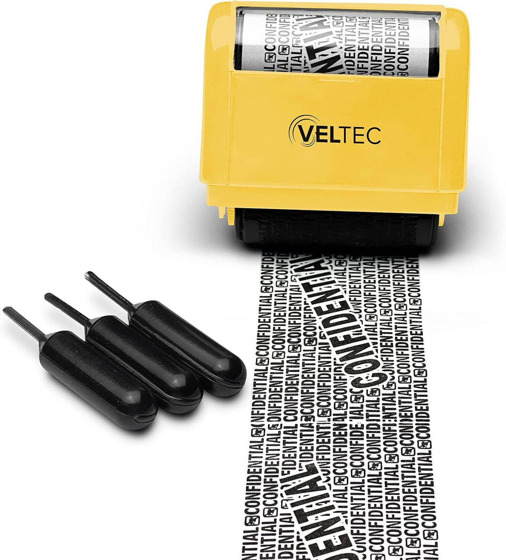 Yellow VELTEC ink roller stamp with four black ink rollers and printed strip