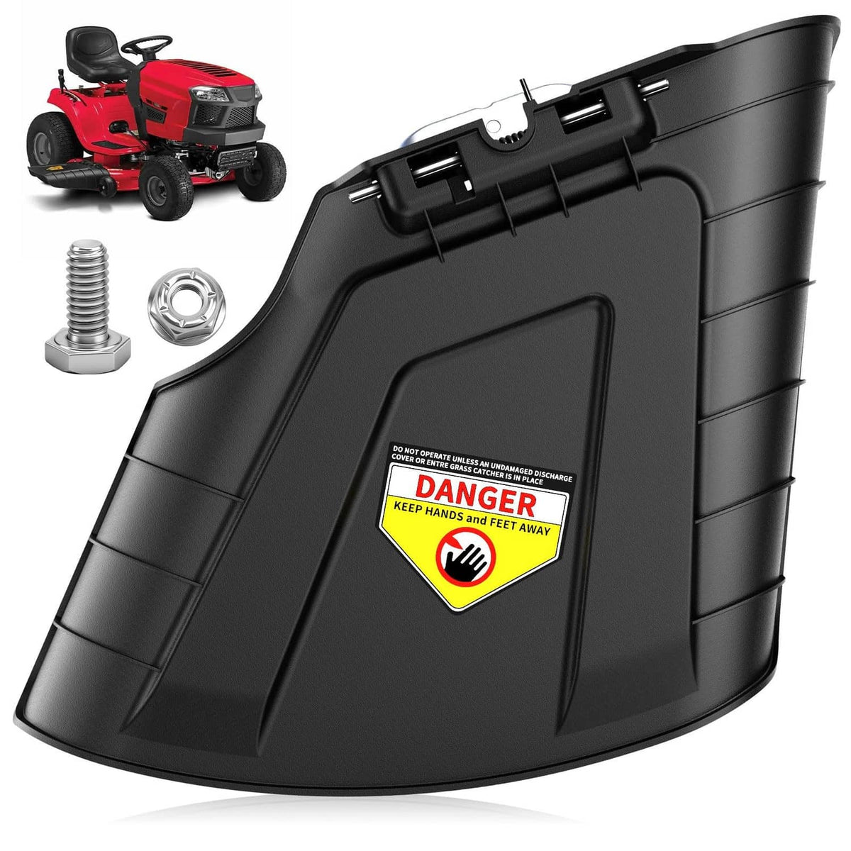 Black plastic chute assembly with warning label and mounting brackets
