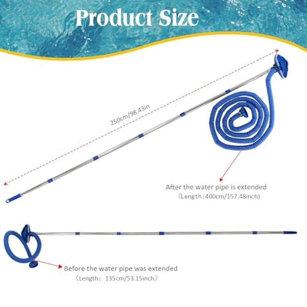 Pool vacuum product size diagram with telescoping pole and coiled blue suction hose