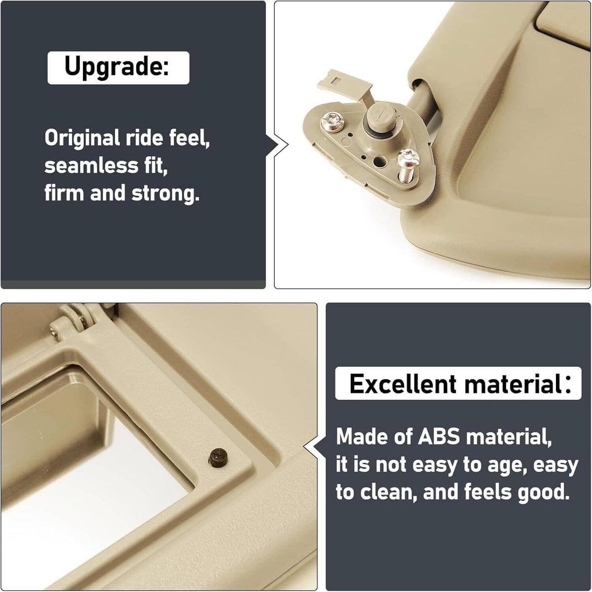 Beige sun visor replacement housing with hinge mount and ABS material feature.