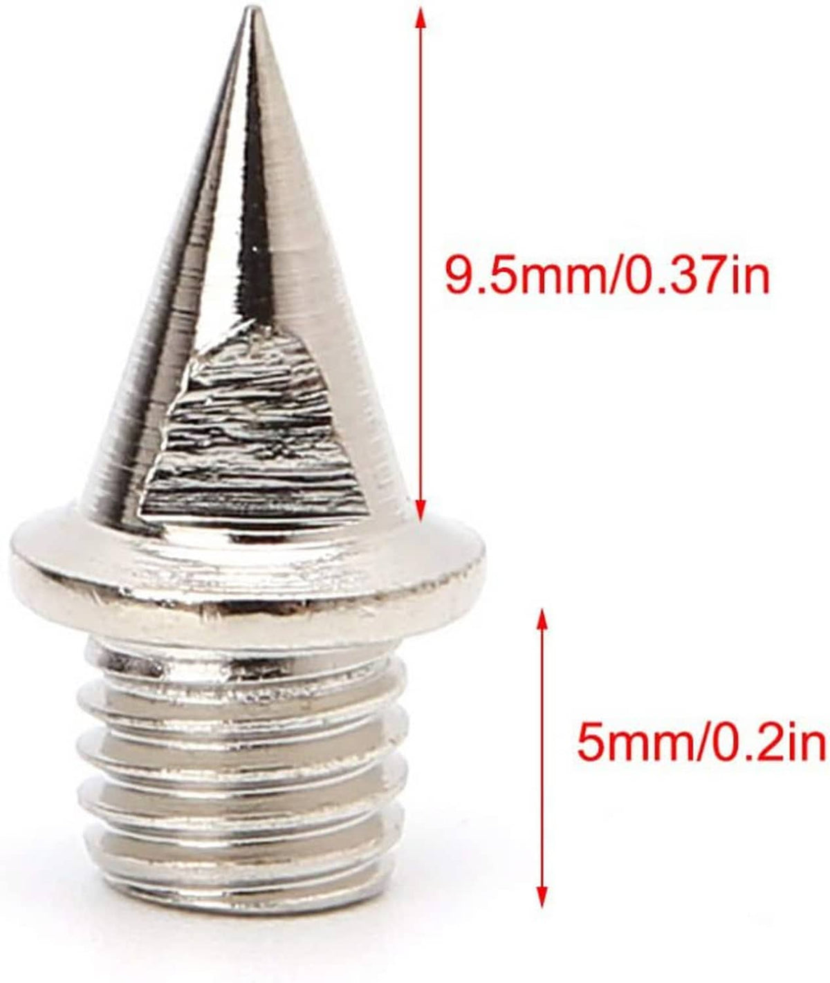Stainless steel spike insert with threaded shank and pointed tip, size marked 9.5mm x 5mm