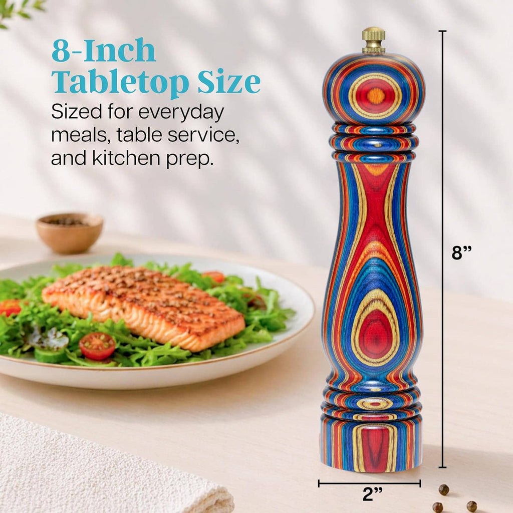 Colorful wooden tabletop pepper grinder with brass top, spiral barrel design