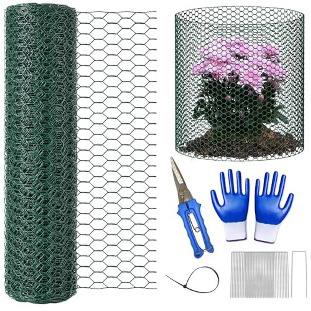 Metal mesh plant protector cylinder with green roll and included installation items