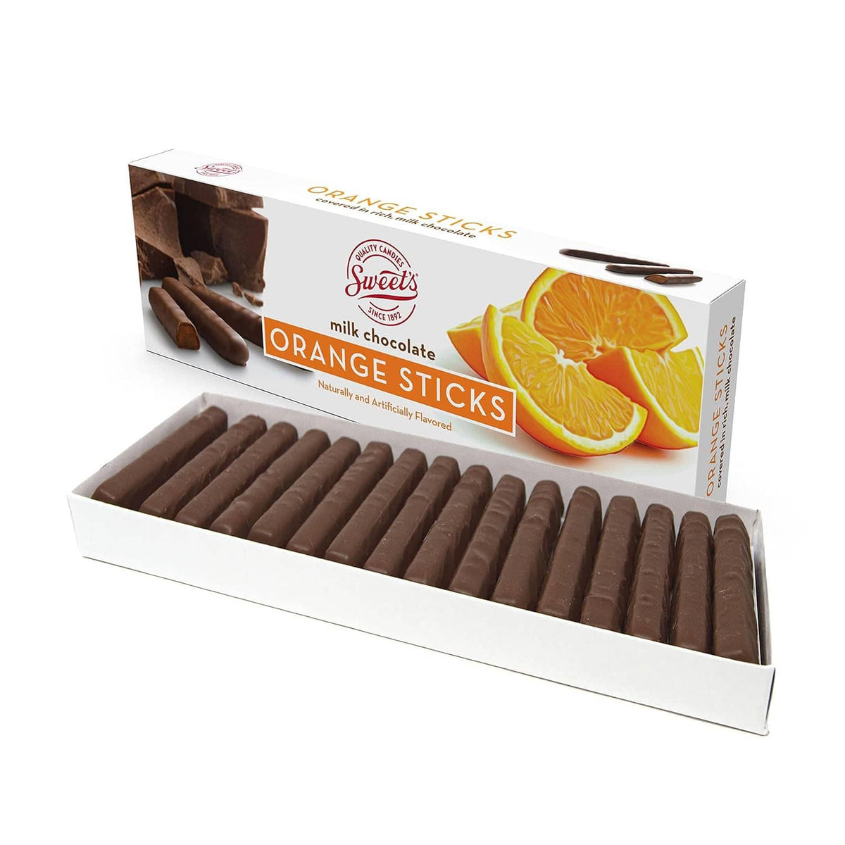 Orange-flavored milk chocolate sticks in open gift box with orange fruit graphic
