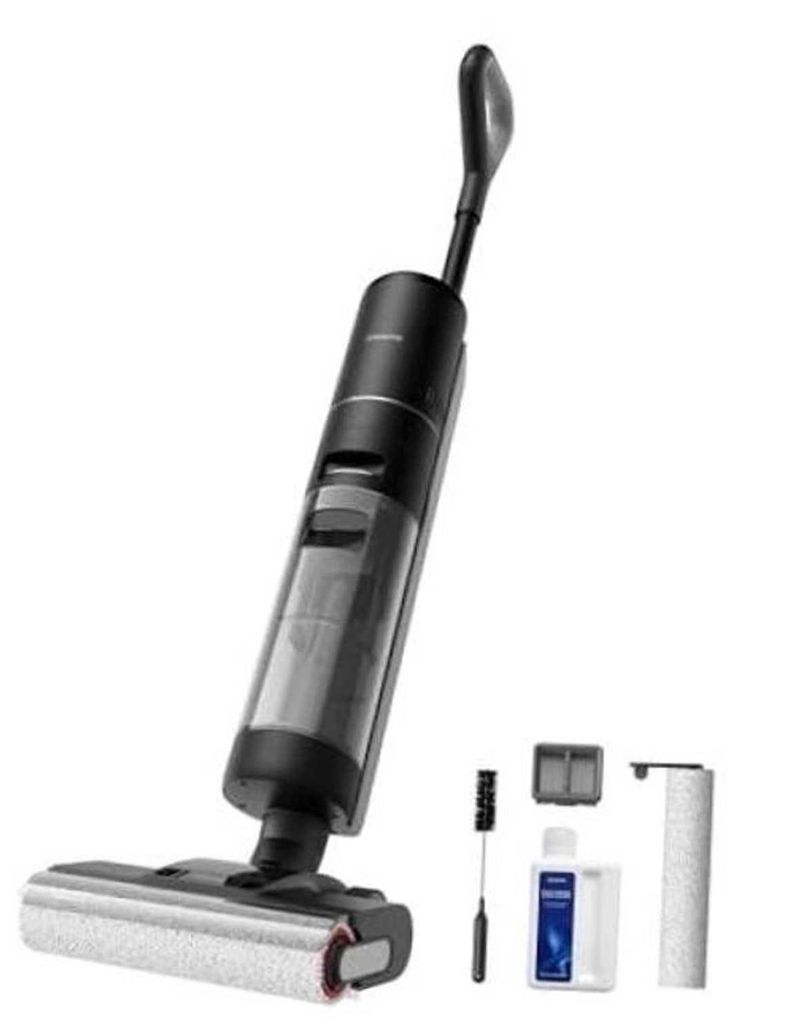 Upright vacuum mop with dust canister and roller floor head, black and clear tank
