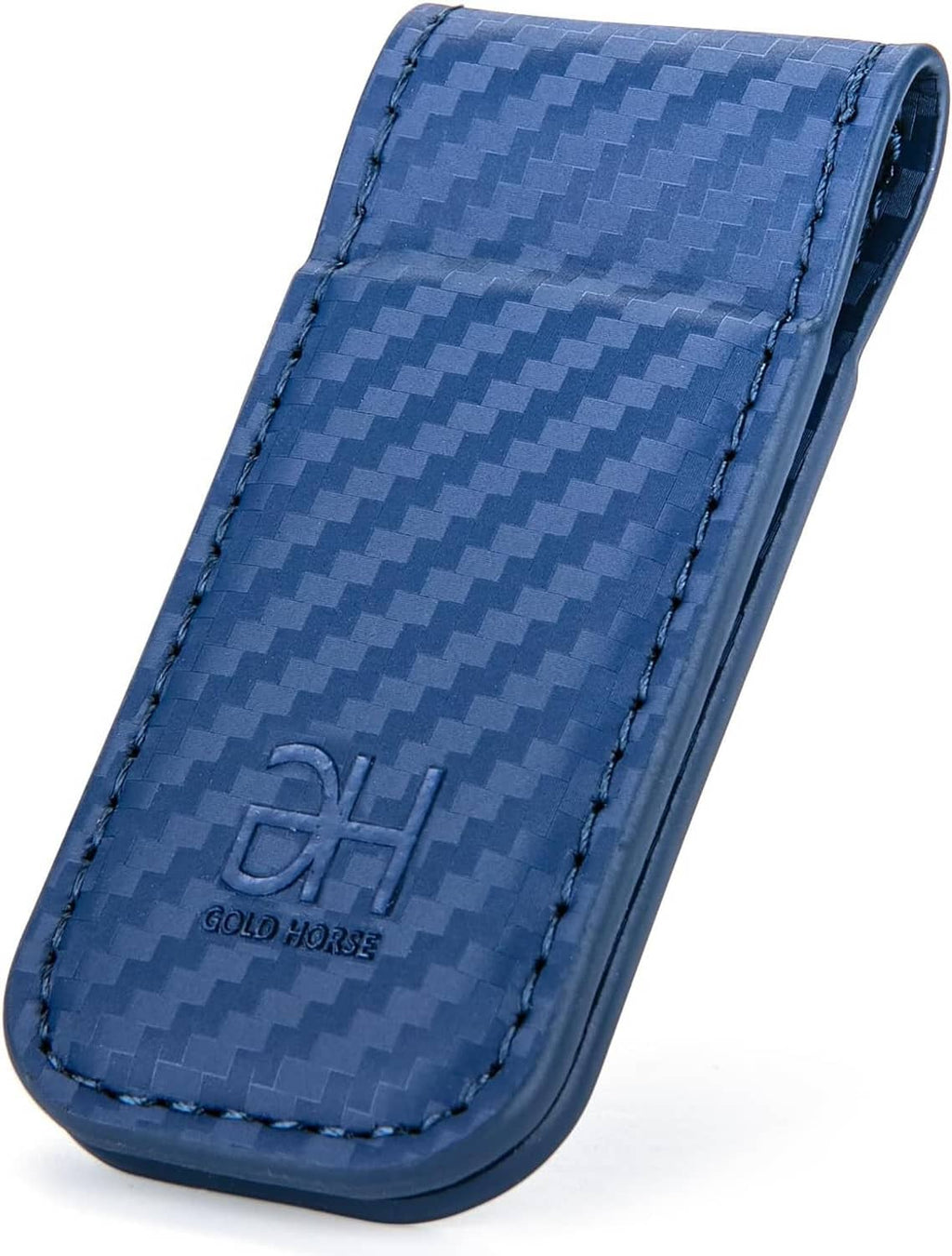 Blue leather money clip card holder with carbon texture and embossed logo, magnetic closure