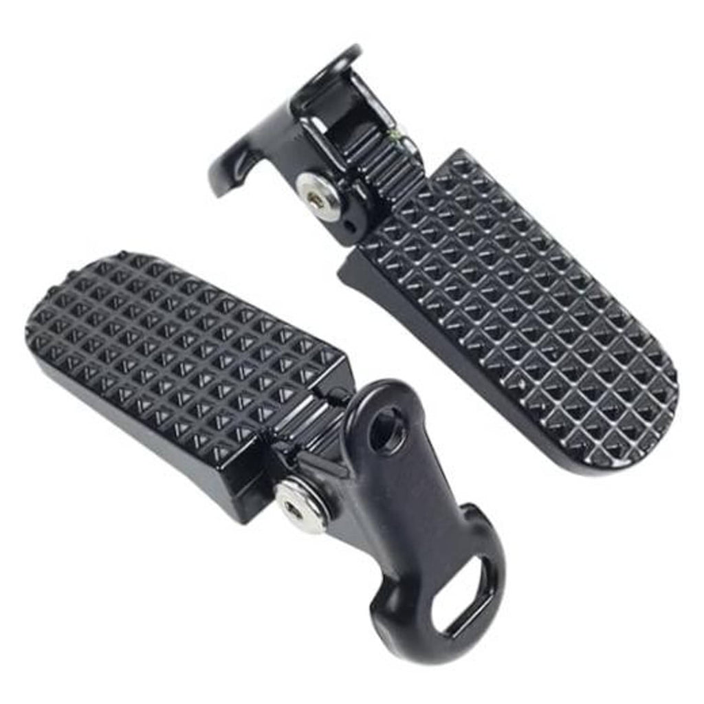 Pair of mini bike foot pegs with textured diamond tread and mounting bracket, dark metal