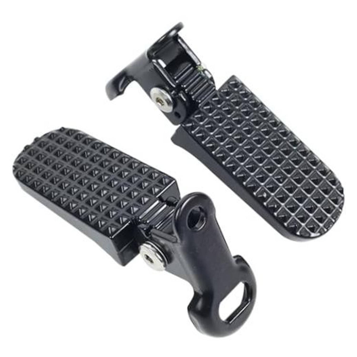 Pair of mini bike foot pegs with textured diamond tread and mounting bracket, dark metal