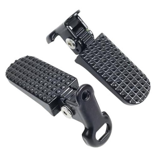 Pair of mini bike foot pegs with textured diamond tread and mounting bracket, dark metal