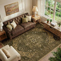 Rectangular area rug with dark olive and brown ornamental pattern, short flat pile