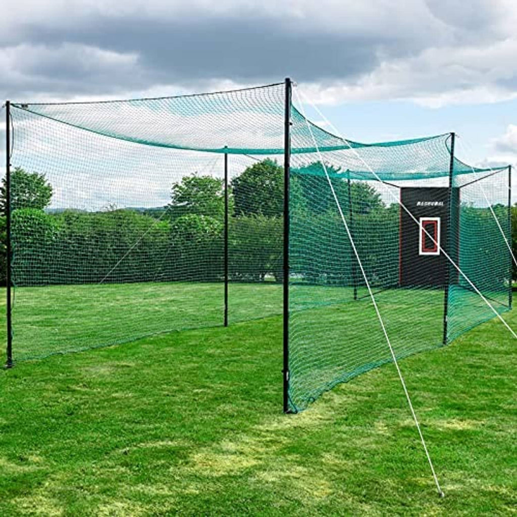 Baseball practice backstop net with black vinyl strike-zone panel