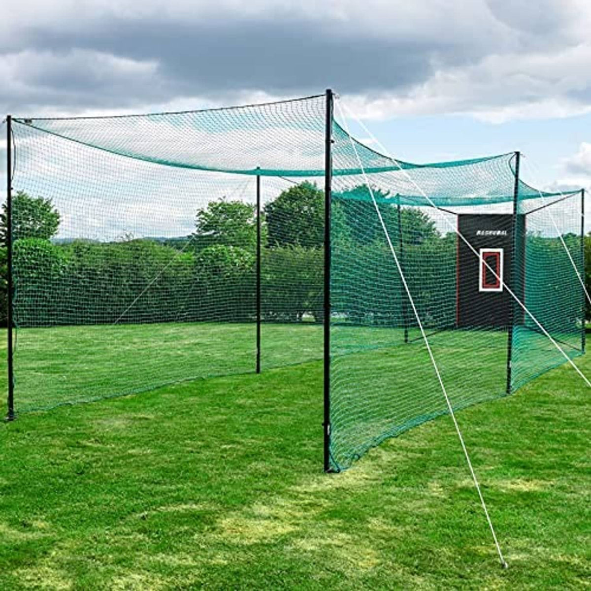 Baseball practice backstop net with black vinyl strike-zone panel