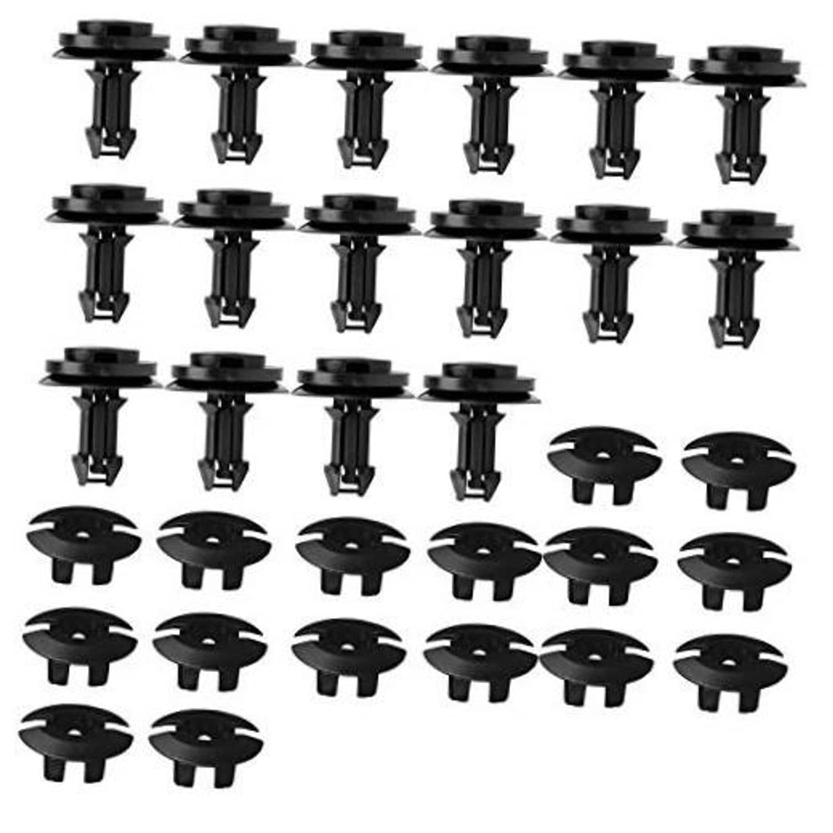 Pack of black push-in retainer clips and grommets, multiple pieces shown