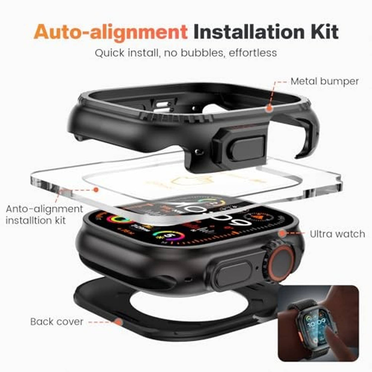 Metal watch case installation kit with alignment parts and clear screen protector
