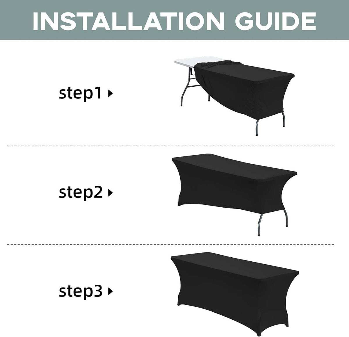 Black stretch table cover installation shown in three steps
