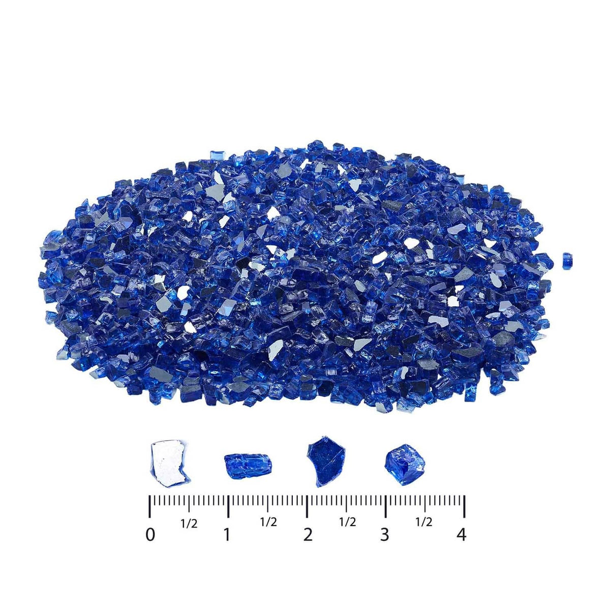 Cobalt blue crushed glass rocks heap with small sample pieces and size markers