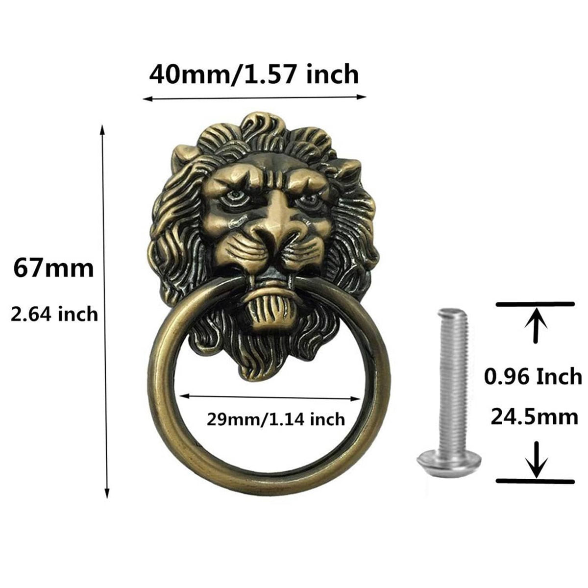 Bronze lion head drawer pull dimensions: 67mm height, 40mm width, 29mm ring