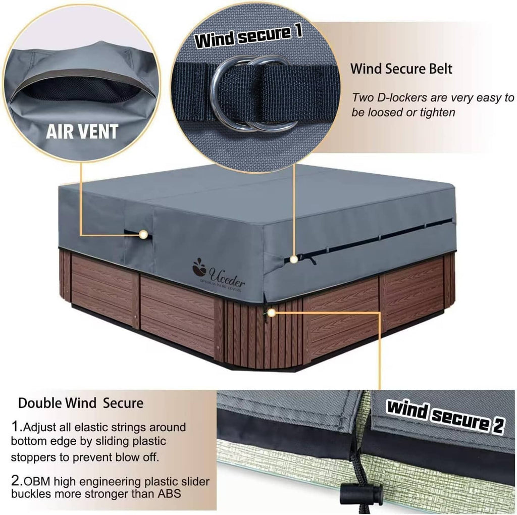 Hot tub cover with air vent, wind-secure belt, and side buckles