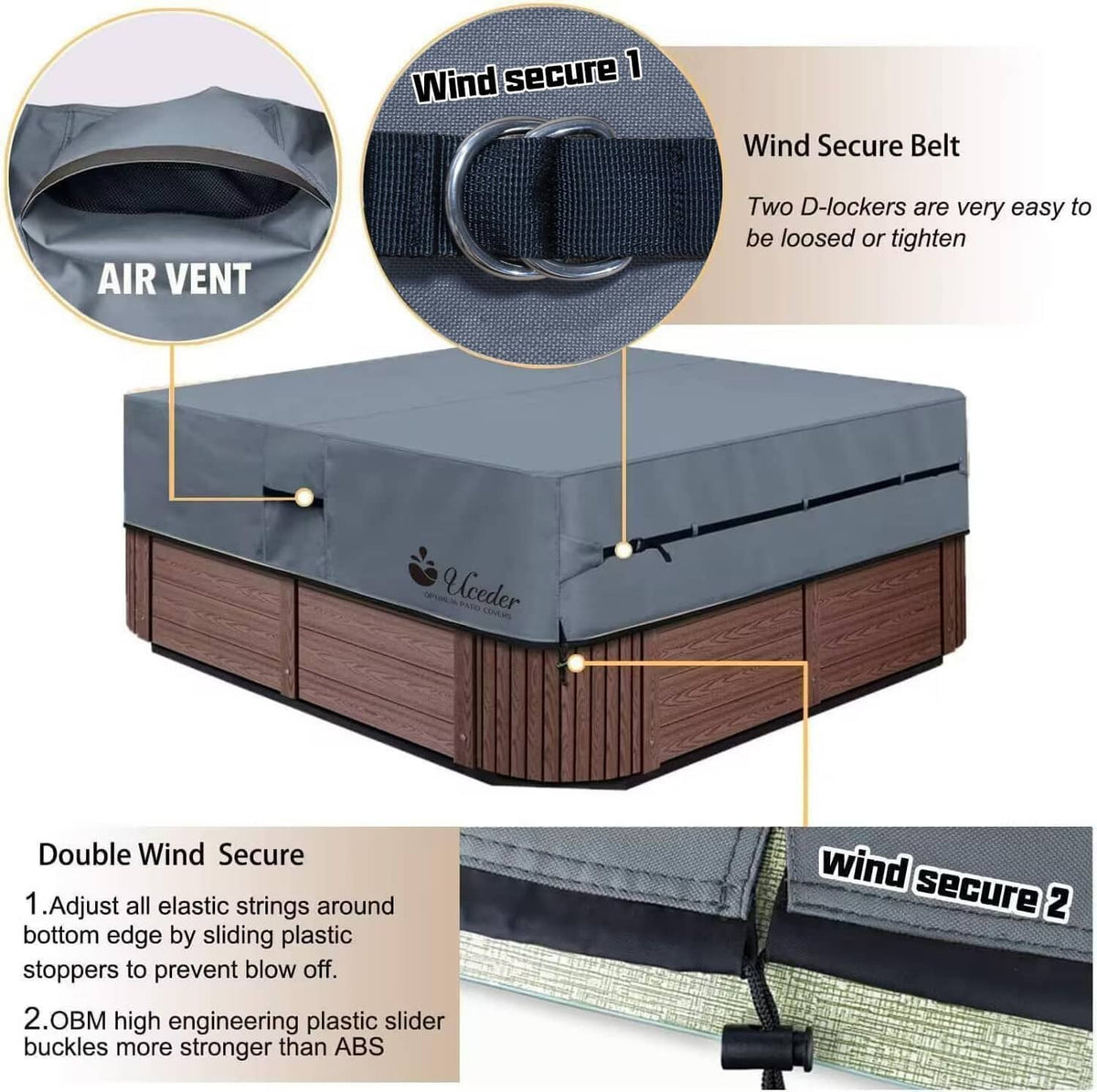 Hot tub cover with air vent, wind-secure belt, and side buckles