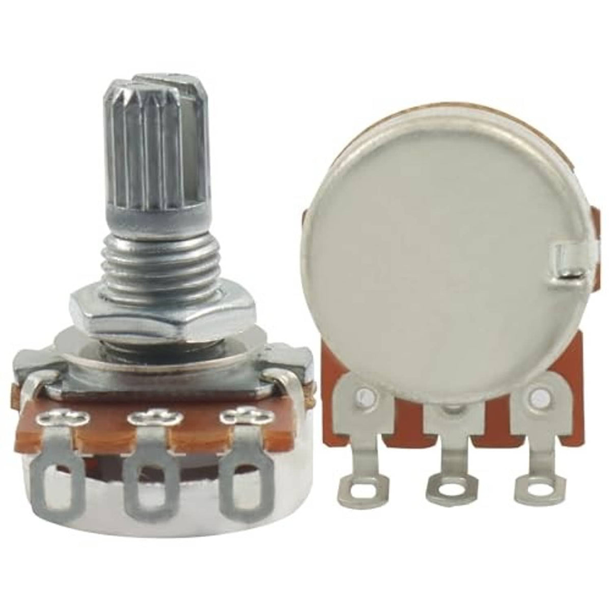 Guitar potentiometer front and back views with ribbed metal shaft and brown circuit board terminals
