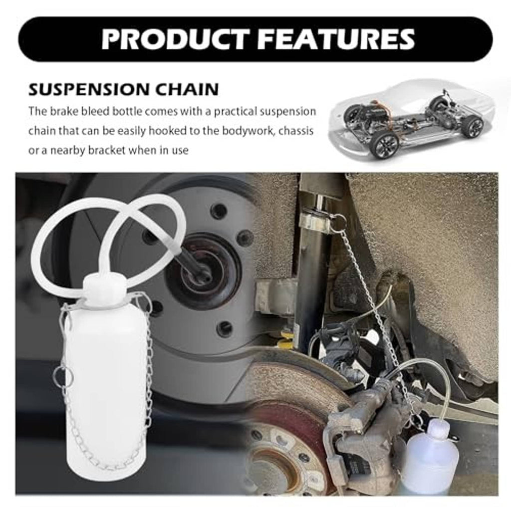 Brake bleeder bottle kit with suspension chain, white reservoir, and clear tubing