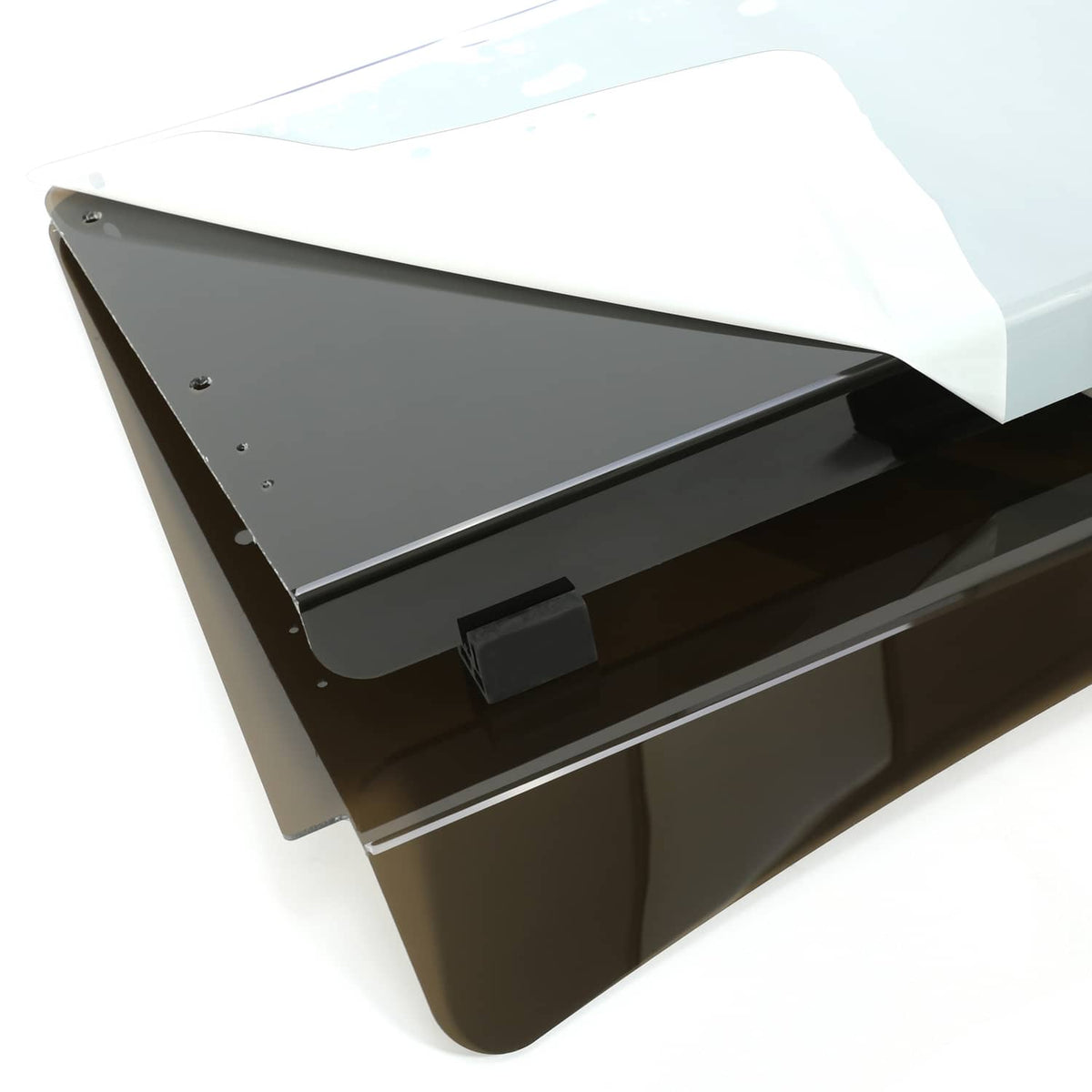 Tinted folding windscreen panel with dark frame and mounting tabs